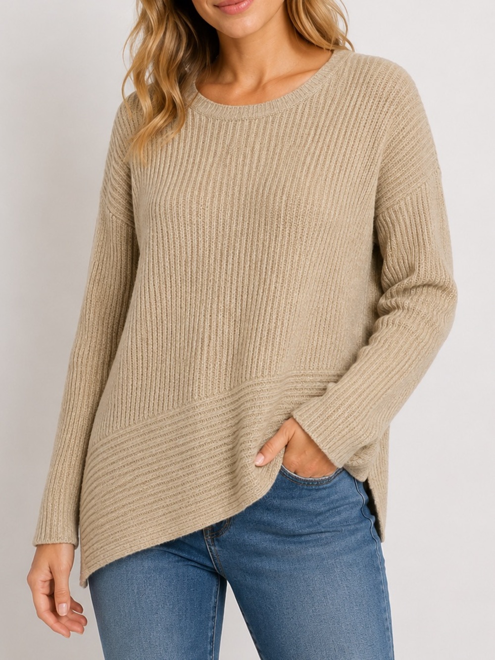 Revolve One Grey Day Rib Knit Sweater Beige Oatmeal Assymetrical Hem Medium
